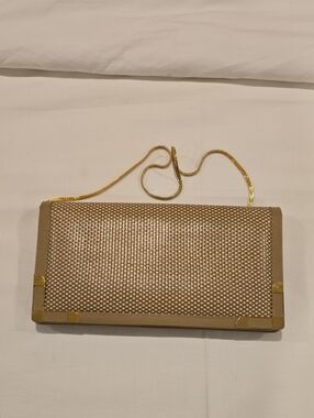 Vintage Woven Beige Crossbody Clutch with Gold Chain.